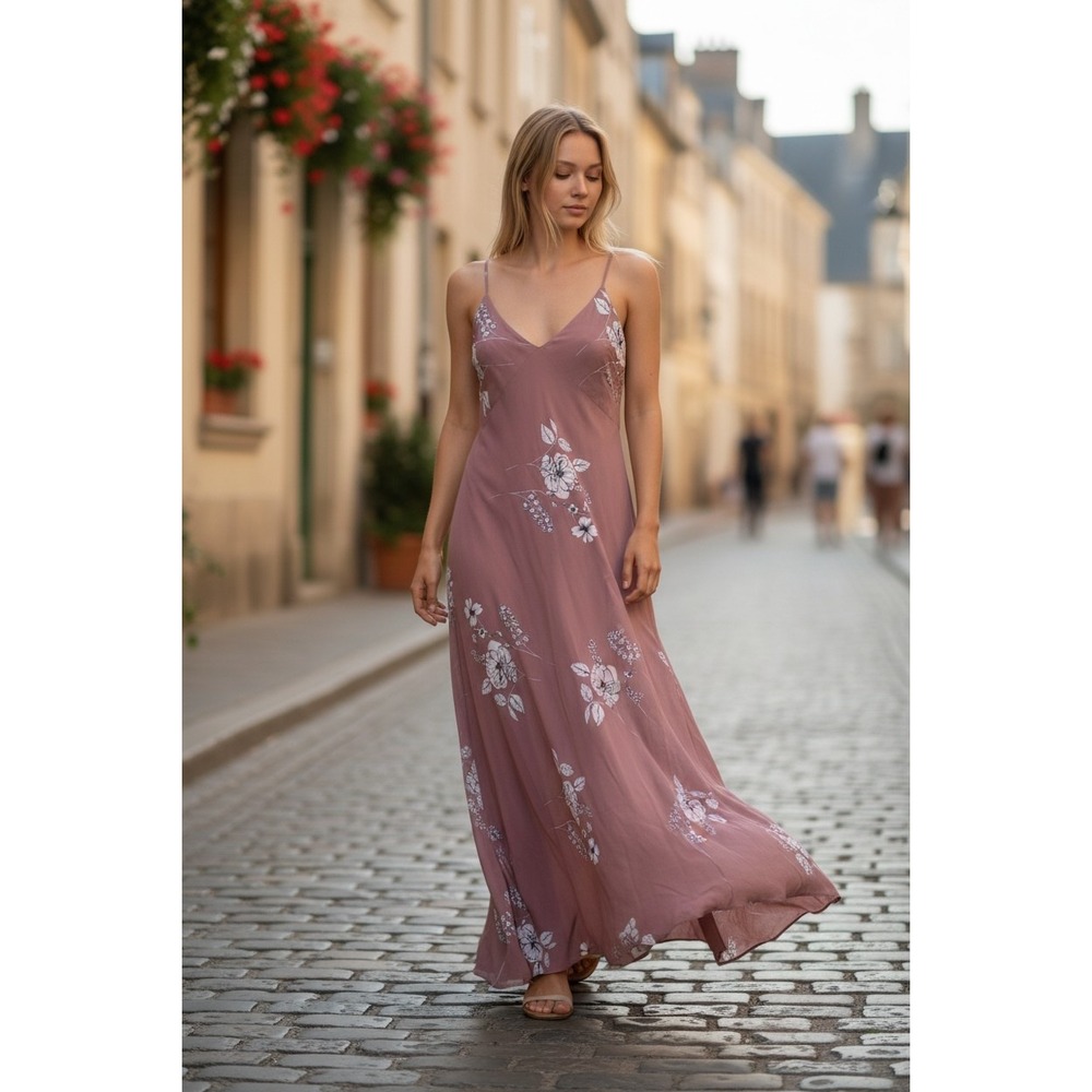 Express Womens Mauve Floral V-Neck Maxi Dress Spaghetti Strap Cutout Back Size M
